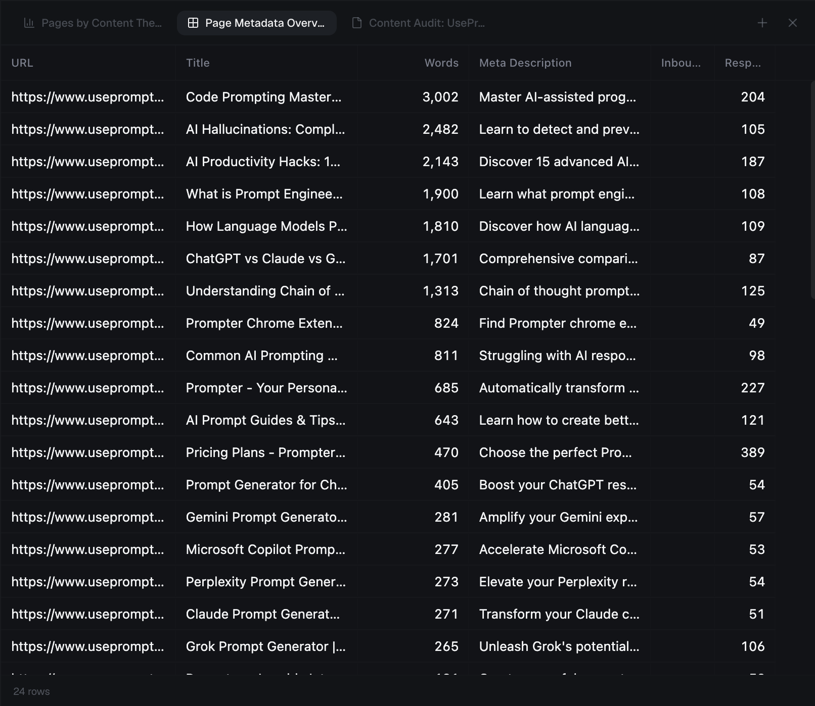Connected Tools: PageBrain crawl data table