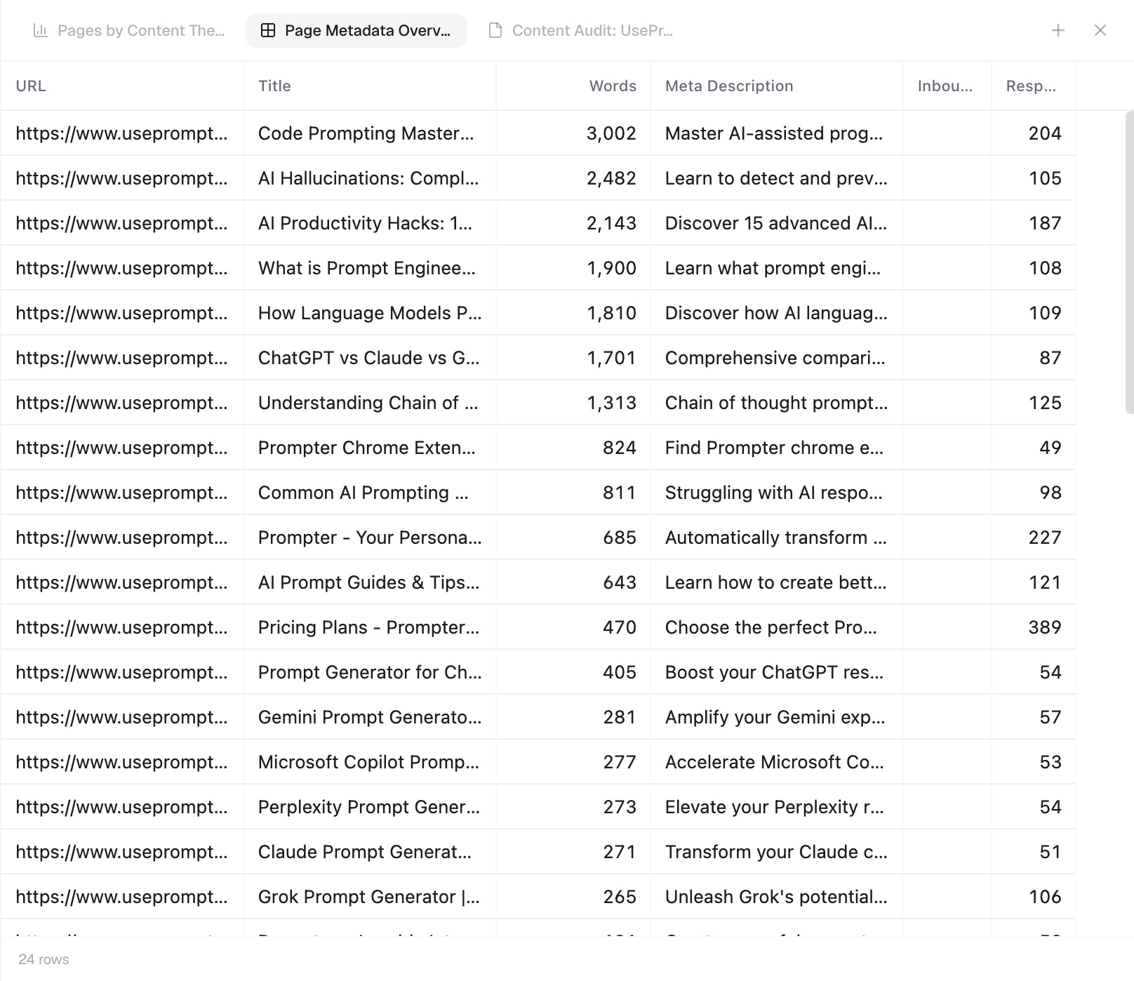 Connected Tools: PageBrain crawl data table